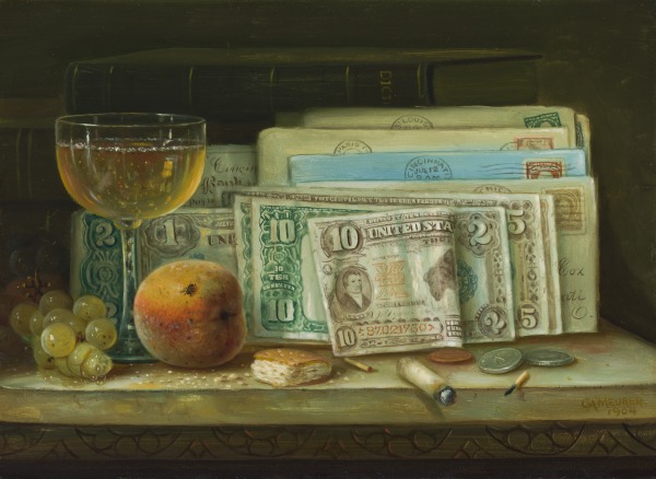 Still Life with Currency, Wine Glass, and Peach