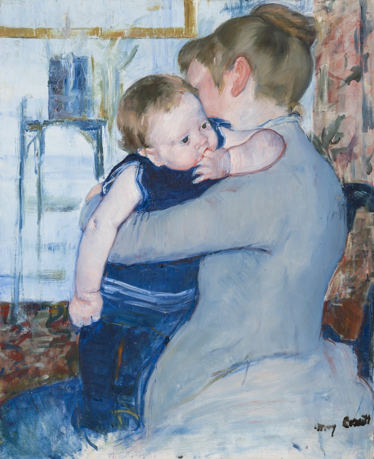 Baby in Dark Blue Suit, Looking Over His Mother's Shoulder