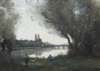 View of the Cathedral and Bridge at Mantes, with a Goatherd and Fisherman