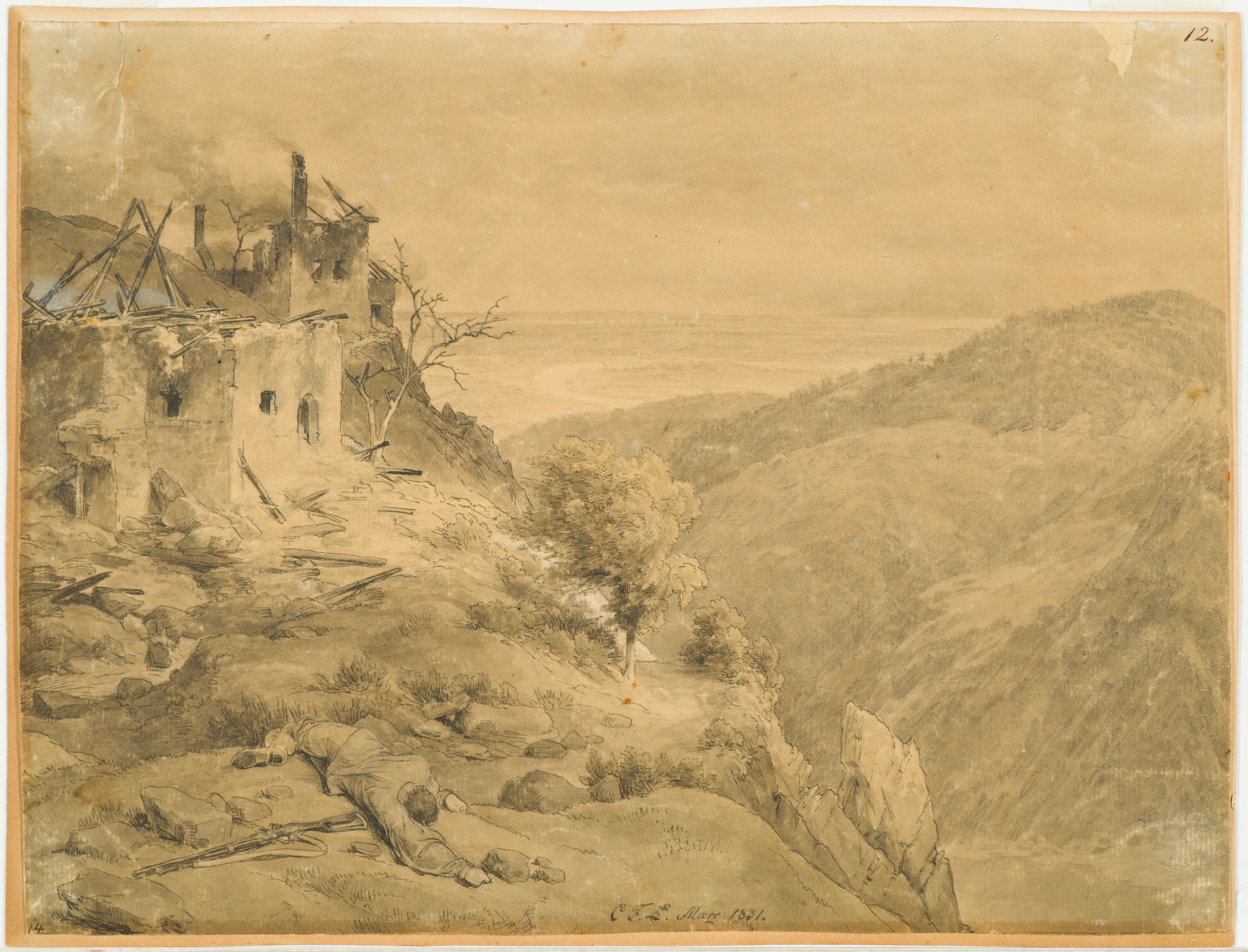 Scene of a Fire and a Body, Carl Friedrich Lessing (German, b.1808, d ...