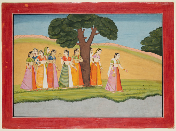 The Maidens of Braj come to the Kalanda River to Worship the Goddess Katyani, Page from a Dispered Manuscript - the "Fifth Basohli Bhagavata Purana"