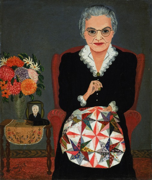 Portrait of the Artist's Mother, Lula May Hinkle, Making Original Quilt